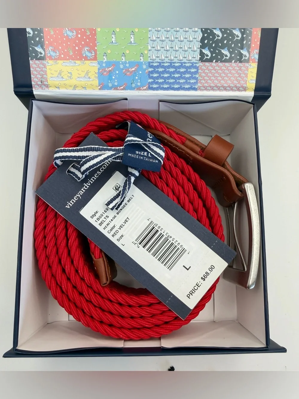 Mens Vineyard Vines Stretch Braided Belt, Red w Brown Leather, Size Large, NIB